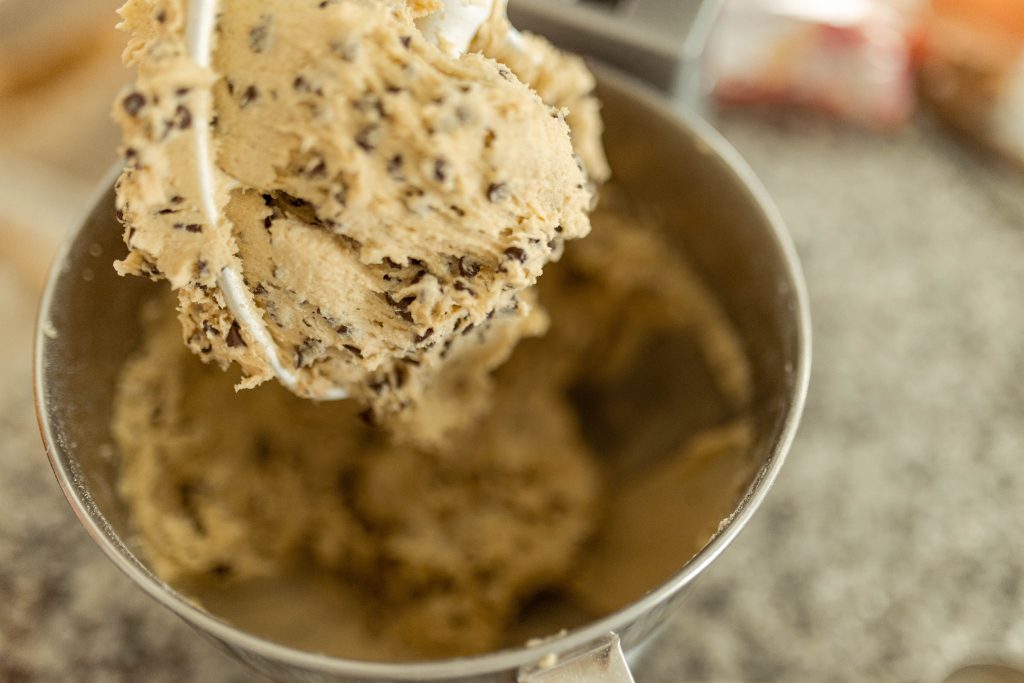 Chocolate chip cookie dough with mixer