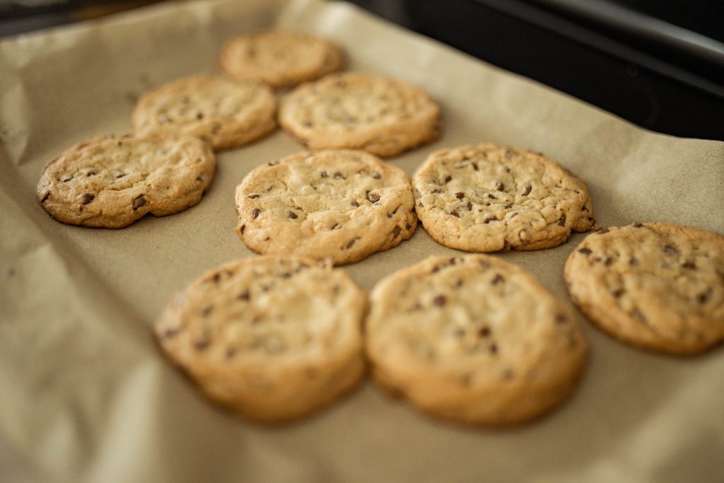 Chocolate chip cookies on parchment paper